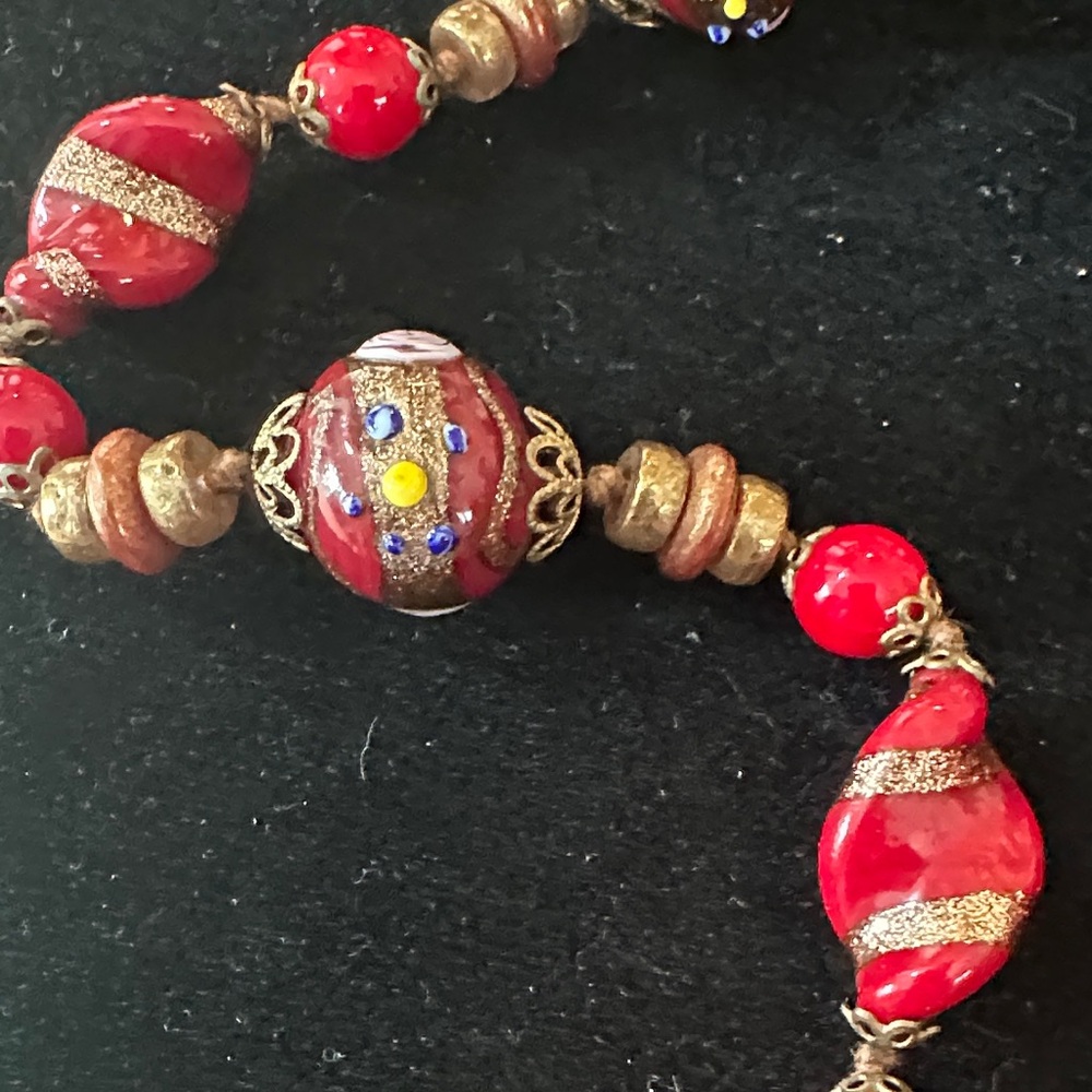 Vintage Murano Wedding Cake Necklace – 28" Red Lampwork Glass - Picture 2 of 4
